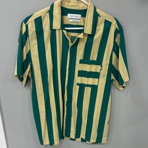 Urban Outfitters Men's Short Sleeve Shirt with Green and Yellow Cream Stripes